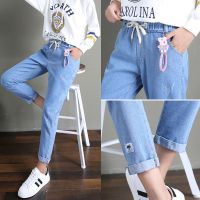 加绒/常规 初中高中学生牛仔裤宽松紧带裤子大童休闲装少女直筒裤 常规蓝色 4XL