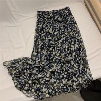 雪纺碎花半身裙女夏季新款松紧高腰显瘦百搭印花沙滩裙中长仙女裙 棉花白花色 M 建议85-100斤