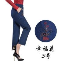 老奶奶绣花裤高腰松紧带休闲裤中老年女士牛仔裤春夏薄款棉弹力裤 3号幸福花 28(适合2尺1至2尺3)腰围