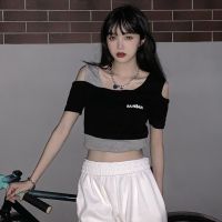 不规则假两件露肩短袖T恤女夏装港风大码显瘦性感露脐半袖上衣潮[14天内发货] 黑色 XS [30斤内]
