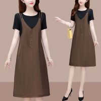 假两件背带短袖大码连衣裙女2021夏季新款时尚休闲遮肚妈妈裙子【10天内发货】 1479#咖色 M 【建议100斤以下】