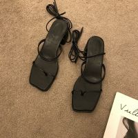 绑带凉鞋女粗跟2020年新款夏季百搭中跟方头高跟鞋交叉缠绕罗马鞋 黑色 35