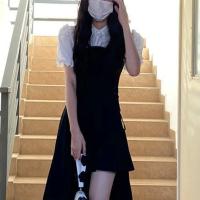 [两件套装]夏复古小众赫本风绑带吊带连衣裙+温柔风泡泡袖衬衫[5天内发货] 白扣衬衫 S