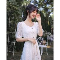 夏装2021年新款蕾丝超仙森系小香风收腰连衣裙时尚显瘦洋气遮肚款 白色 S