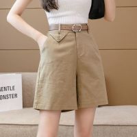 [送腰带]五分裤女夏季新款韩版宽松显瘦高腰5分a字阔腿休闲直筒裤 卡其色 (送腰带) S 建议80-95斤