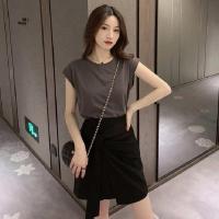 2020夏新韩版法国小众洋气减龄俏皮无袖T恤高腰绑带连衣裙两件套 深灰T恤+黑裙 XXS (40斤以内)