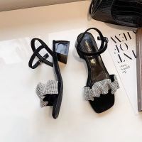 仙女风粗跟水钻一字带凉鞋女配裙子2021夏新款中跟时装高跟鞋中跟 黑色 35