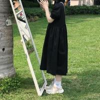 蝴蝶结系带学院风短袖连衣裙女学生日系百搭显瘦中长款a字裙 黑色 [收藏关注店铺优先发货] 2XL [135-150]