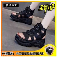 软皮坡跟凉鞋女厚底舒适洞洞鞋2021春夏季女鞋防滑复古平底鱼嘴鞋 黑色升级版 35