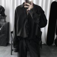 ins慵懒风绑绳套头衬衫男长袖上衣春秋季韩版学生潮流暗黑系衬衣 黑色 M