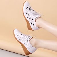 真皮透气单鞋女夏季镂空凉鞋坡跟软底中年妈妈休闲旅游鞋广场舞鞋 白色 199-2洞洞 34