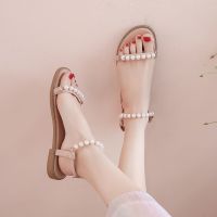 珍珠一字带凉鞋女平底鞋2021夏新款仙女风度假沙滩百搭配裙女鞋子 杏色 35