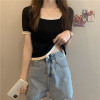 2021夏季新款韩版撞色百搭修身方领短袖T恤女装时尚洋气上衣ins潮 黑色 优质面料,做工精细 S 建议70-90斤