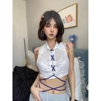 原创设计感绑带辣妹无袖改造衬衣款露背吊带背心修身短款衬衫上衣 白色 S