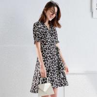 碎花连衣裙女小清新2021年夏季新款法式超仙雪纺黑色仙女裙子 黑色 S