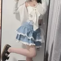 夏季辣妹日系软妹可爱蕾丝花边蛋糕裙学生韩版宽松少女蓬蓬半身裙 蓝色半身裙 S