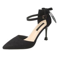 法式蝴蝶结高跟鞋细跟2021春季新款尖头职场气质百搭夜场绑带单鞋 黑色 8cm 34 (偏小一码）