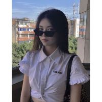 日系polo领白色显瘦衬衣学院风短款高腰气质小飞袖翻领上衣 白色刺绣 [收藏关注店铺优先发货] 2XL [135-150