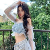 短款泡泡袖法式小众衬衫秋季修身一字领长袖衬衣网纱套头上衣女装 蓝色短袖款 M