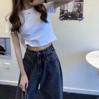 心机T恤女小众夏季女装2021新款潮短袖polo衫显瘦露脐短款上衣潮 纯白T恤 S