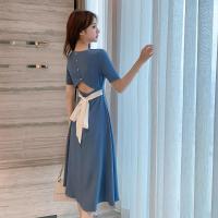 黑色小心机露背连衣裙女夏款气质赫本小黑裙后背绑带垂感露腰裙子 蓝色 S