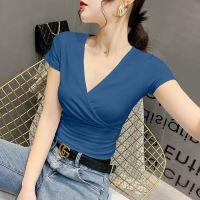 短款上衣女雾霾蓝色t恤短袖2021新款低胸v领紧身高腰露脐装ins潮 雾霾蓝 (紧身款衣服偏小) S (75-85斤)