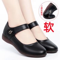 真软皮牛筋底妈妈鞋秋季新款防滑舒适单鞋女平底圆头职业工作女鞋 黑色 [关注店铺,商品]优先发货 35