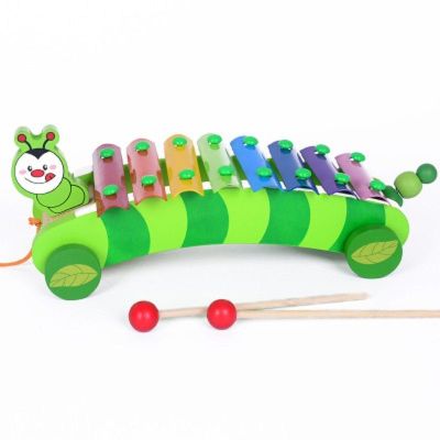 儿童力木质拖拉学步车2-3-6岁宝宝拉线小拖车玩具小熊敲鼓车 毛毛虫拖车手敲琴