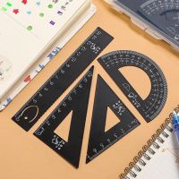 得力金属尺套装三角套尺学生用尺子套装三角板量角器刻度直尺铁尺 小熊黑色(4件套尺+pp盒)