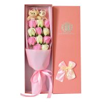 七夕情人节礼物送老婆小熊公仔卡通香皂花束礼盒送男女友生日闺蜜 2熊+11粉白插色 中粉盒