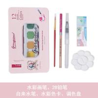 乔尔乔内固体水彩水粉画画颜料套装铁盒水彩画笔写生绘画粉饼颜料 12色清新粉色铁盒[另送调色盘]