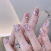 手工新娘甲穿戴甲指甲贴指甲片珍珠晶石猫眼冰沙金光疗甲可拆卸 金珠金边美甲紫色 大号