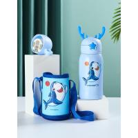 鹿角儿童保温杯316不锈钢带吸管两用小学生一三年级便携防摔500ML 新款蓝色(316不锈钢内胆)鹿角海豚