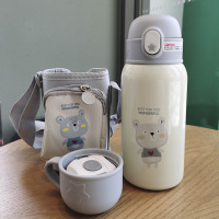 宝宝保温杯带吸管式两用儿童水杯316不锈钢小学生水壶幼儿园便携 米黄色500毫升 收藏宝贝送杯刷