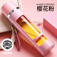 茶水分离玻璃杯便携双层隔热男士喝茶泡茶防摔茶杯个人专用水杯子 子弹头系列:(短茶漏)粉色580ml