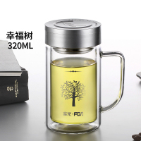 富光双层玻璃杯家用带把泡茶杯男士大容量商务透明耐热办公水杯子 320ml 幸福树