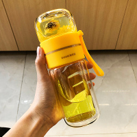 茶水分离玻璃杯双层隔热女茶杯泡茶杯子便携办公室防烫手水杯可爱 黄色-240ml(送杯刷)