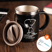 史努比马克杯带盖勺男女办公室水杯不锈钢杯子家用喝水茶杯咖啡杯 黑色420ML(头朝右)