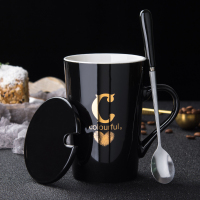 创意陶瓷杯子情侣咖啡杯个性潮流马克杯带盖勺男女喝水杯家用茶杯 字母C