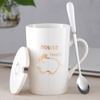 创意卡通马克杯带盖勺生肖可爱陶瓷杯子情侣水杯咖啡个性潮流茶杯 可爱的鼠(白)