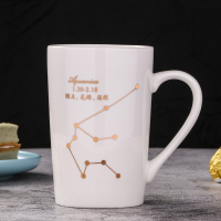 创意个性陶瓷马克杯带盖勺杯子潮流情侣喝水杯家用咖啡杯男女茶杯 乳白色 真金星座白单杯