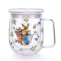 英国比得兔玻璃杯带盖印花水杯茶杯清新马克杯透明杯子 双层隔热(镂空)清新(密封玻璃盖)250ML