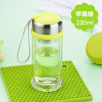 双层玻璃杯便携水杯创意带盖泡茶杯耐热透明杯子韩国学生女随手杯 苹果绿220ml