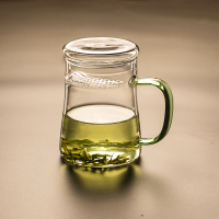 月牙杯耐热自带过滤玻璃杯龙井绿茶杯带盖办公室泡茶杯水杯子带把 绿把绿茶杯