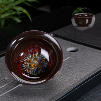 钧窑变功夫陶瓷茶具彩色拉丝天目沙金釉建盏主人斗笠小泡茶杯家用 反口杯红釉