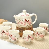 双层茶杯功夫青花陶瓷茶壶带过滤双层茶杯子功夫茶具套装特价 桃花-双层茶具 7件