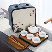 陶瓷旅行茶具套装便携包小号茶盘家用简约日式办公泡茶壶户外茶杯 西施壶4杯白色配四方黑盘
