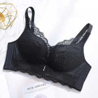 内衣女无钢圈小胸聚拢厚上托调整型侧收副乳防下垂性感蕾丝文胸罩 黑色[单件] 70A