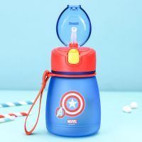 迪士尼儿童吸管杯塑料杯幼儿园宝宝防摔小学生直饮杯便携水杯水壶 漫威蓝色390ml+杯刷 [进口婴幼儿奶瓶材质]吸管款