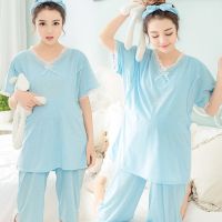 夏季哺乳睡衣棉质孕妇睡衣夏短袖套装薄款产后月子服产妇喂奶外出 506纯真蓝色[优质版] L码[适合100-120斤以下]